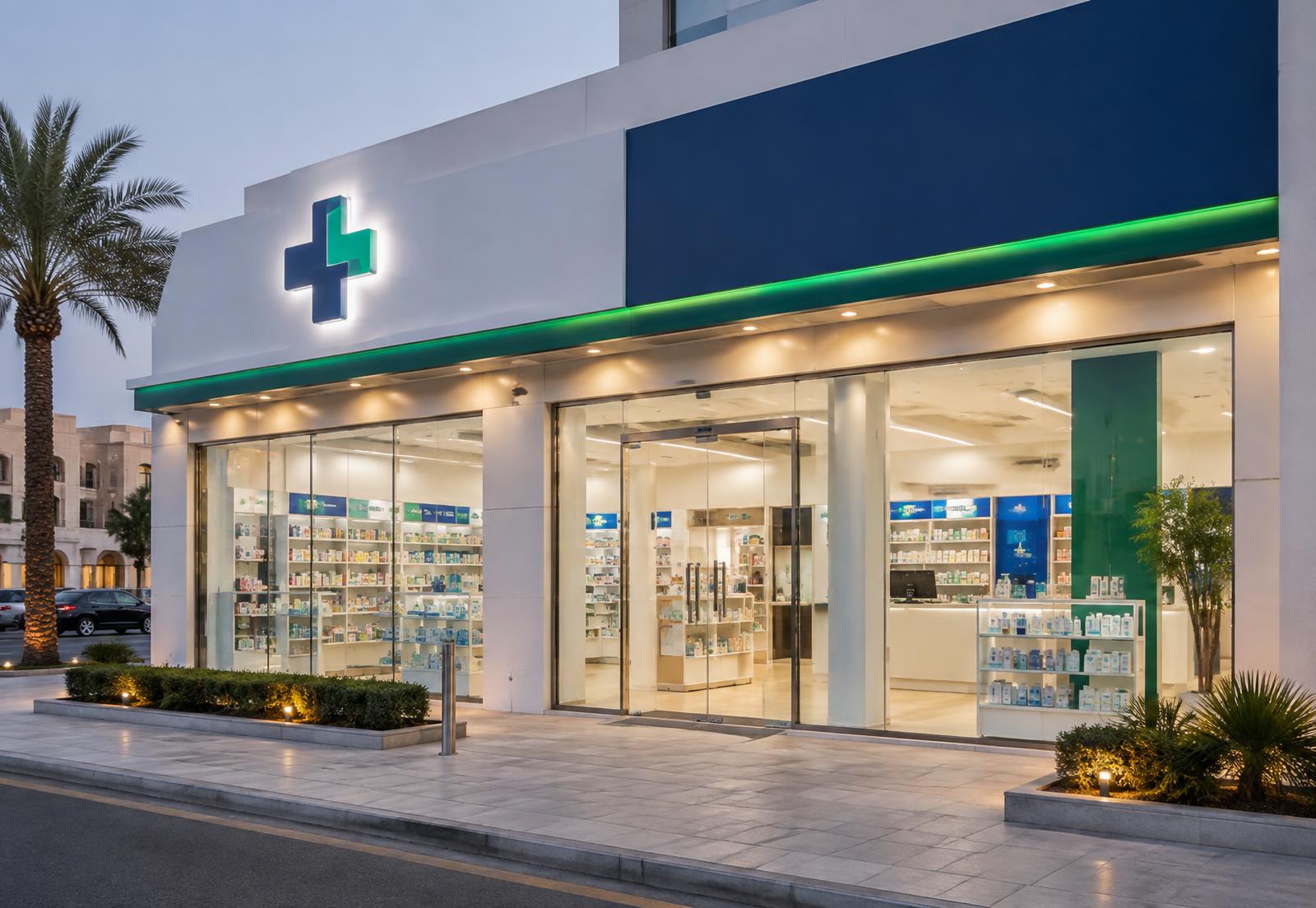 واجهة صيدلية حديثة ومرحبة